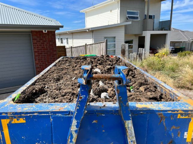 Skip bin being used to remove soil from Underpinning Frankston Homes Contractors